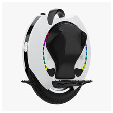 The product pictured is an electric unicycle, model KingSong 16S. The image shows a white unicycle with a black seat and colorful LED lights around the wheel. It is equipped with footrests and a control button, allowing for easy riding and control.