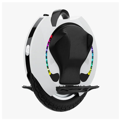 The product pictured is an electric unicycle, model KingSong 16S. The image shows a white unicycle with a black seat and colorful LED lights around the wheel. It is equipped with footrests and a control button, allowing for easy riding and control.