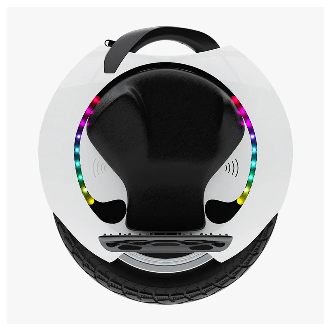 The product in the image is an Electric Unicycle, brand KingSong, model 16S. The image shows the top side of the unicycle with a black seat and LED lights along the edge, adding to its aesthetic appeal. A carrying handle and the wheel at the bottom are also visible, allowing for easy portability.