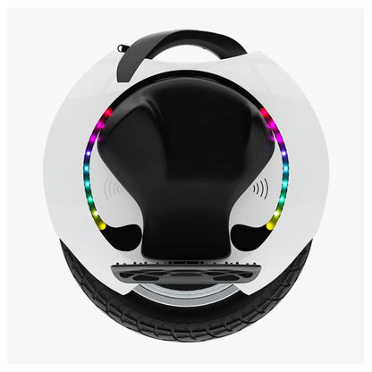 The product in the image is an Electric Unicycle, brand KingSong, model 16S. The image shows the top side of the unicycle with a black seat and LED lights along the edge, adding to its aesthetic appeal. A carrying handle and the wheel at the bottom are also visible, allowing for easy portability.