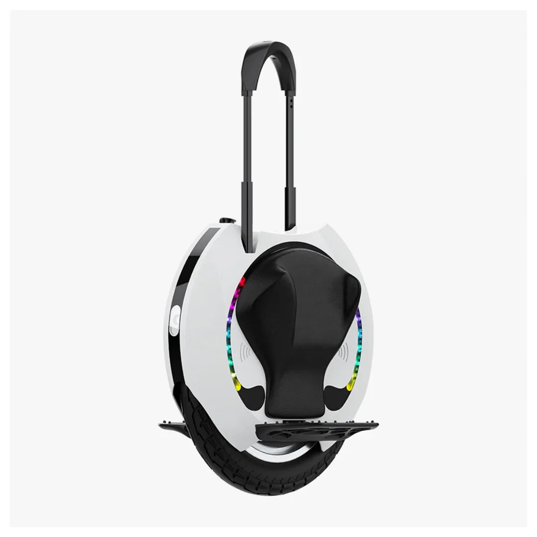 The product is an Electric unicycle, KingSong brand, model 16S. The image shows a white unicycle with a black seat and a handle for easy portability. The wheels are equipped with lighting elements, adding an aesthetic touch.