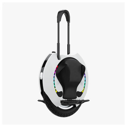 The product is an Electric unicycle, KingSong brand, model 16S. The image shows a white unicycle with a black seat and a handle for easy portability. The wheels are equipped with lighting elements, adding an aesthetic touch.