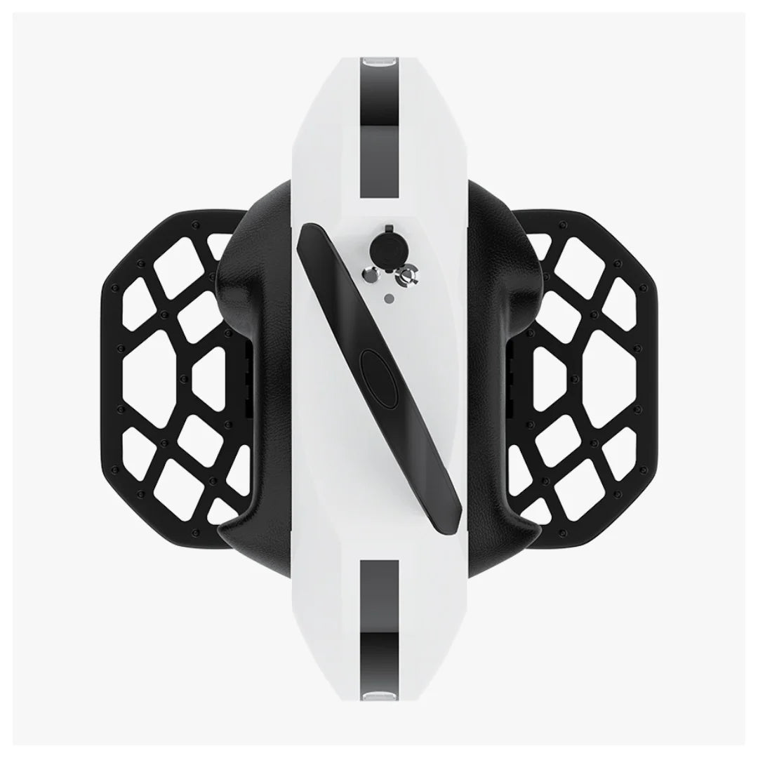 The product in the image is an electric unicycle, brand KingSong, model 16S. The top side of the unicycle is visible, featuring a black and white color combination. It is equipped with footrests and a button and display on the front, allowing for easier control and monitoring during the ride.