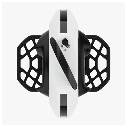 The product in the image is an electric unicycle, brand KingSong, model 16S. The top side of the unicycle is visible, featuring a black and white color combination. It is equipped with footrests and a button and display on the front, allowing for easier control and monitoring during the ride.