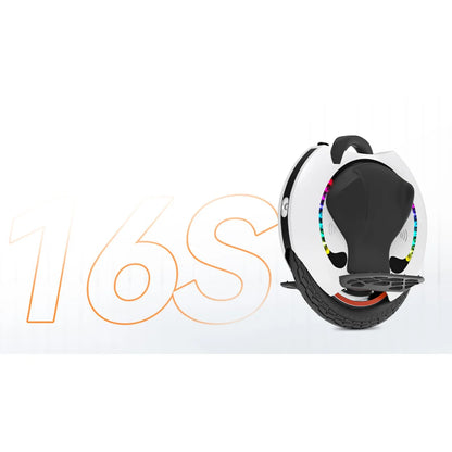 The product shown is an electric unicycle, brand KingSong, model 16S. The image displays the device in white and black, featuring a wheel on one side and light elements around the edge. A foot pedal for riding support is also visible. The unicycle is designed for easy movement and precise control.