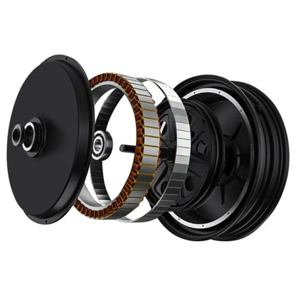 The product in the image is an Electric Unicycle, model KingSong 16S. The image shows a disassembled part of the wheel, including the motor, stator, and other components that are part of the drive mechanism. Various layers and materials that make up the wheel are visible, indicating the complexity and technology behind the operation of an Electric Unicycle.