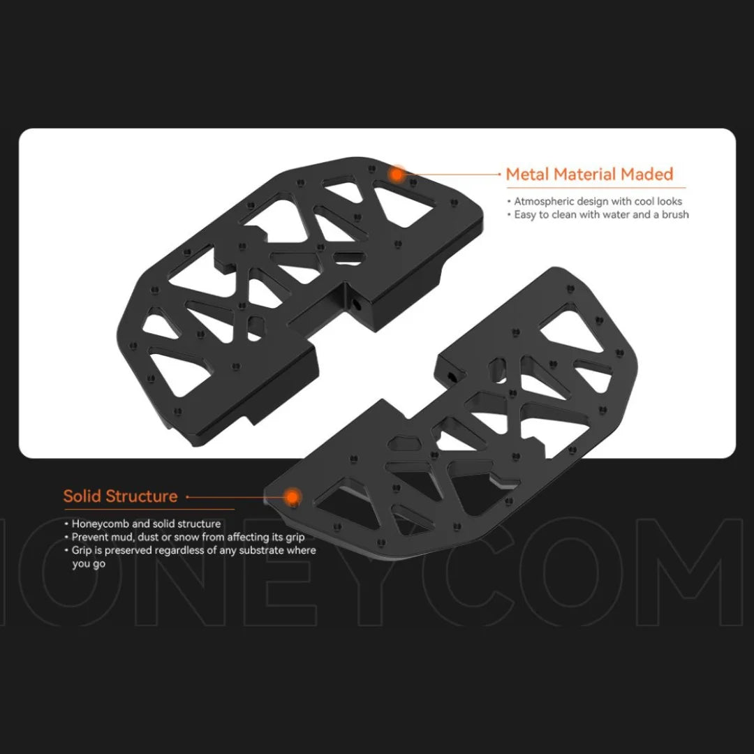 This product is part of the KingSong 16X electric unicycle. The image shows footboards made from metal, featuring a modern design and good structure. They have a grid-like shape, providing excellent grip and preventing dirt or snow from affecting their functionality. They are easy to clean with water and a brush.