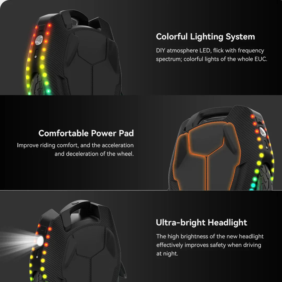 The product is an electric unicycle, the brand is Kingsong, and the model is 16X. The image shows various elements of the unicycle, including the colorful lighting system, comfortable footrests, and an ultra-bright front light that improves safety when riding at night. The lighting is dynamic and contributes to the aesthetic appearance and functionality of the vehicle.
