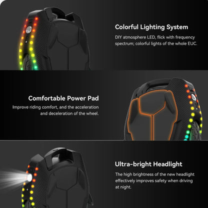 The product is an electric unicycle, the brand is Kingsong, and the model is 16X. The image shows various elements of the unicycle, including the colorful lighting system, comfortable footrests, and an ultra-bright front light that improves safety when riding at night. The lighting is dynamic and contributes to the aesthetic appearance and functionality of the vehicle.