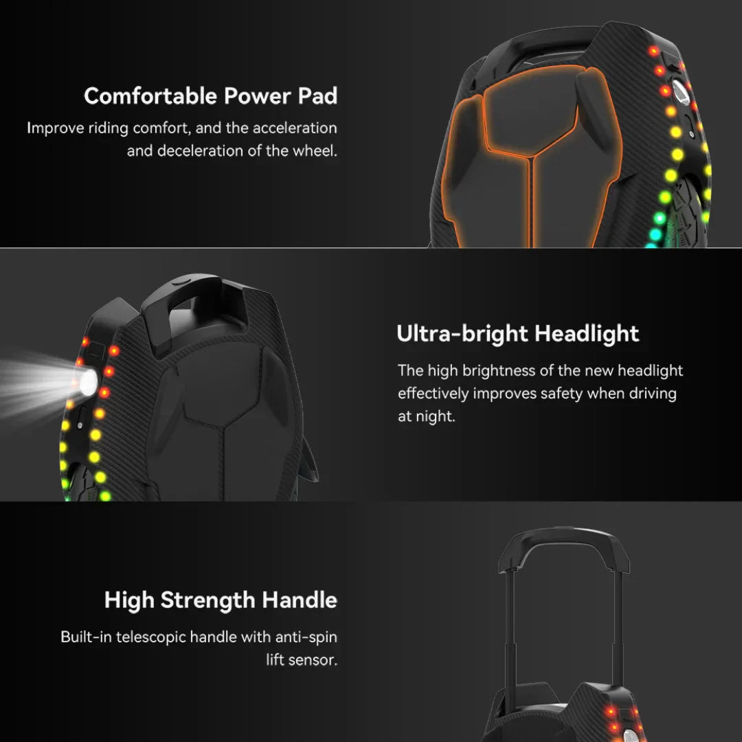 The product is an Electric unicycle, brand KingSong, model 16X. The image shows various functionalities of the unicycle, including a comfortable power pad for improved riding comfort, an ultra-bright front light for increased safety at night, and a durable telescopic handle with an anti-spin sensor. The overall design is modern and functional, allowing for easy use and greater safety.