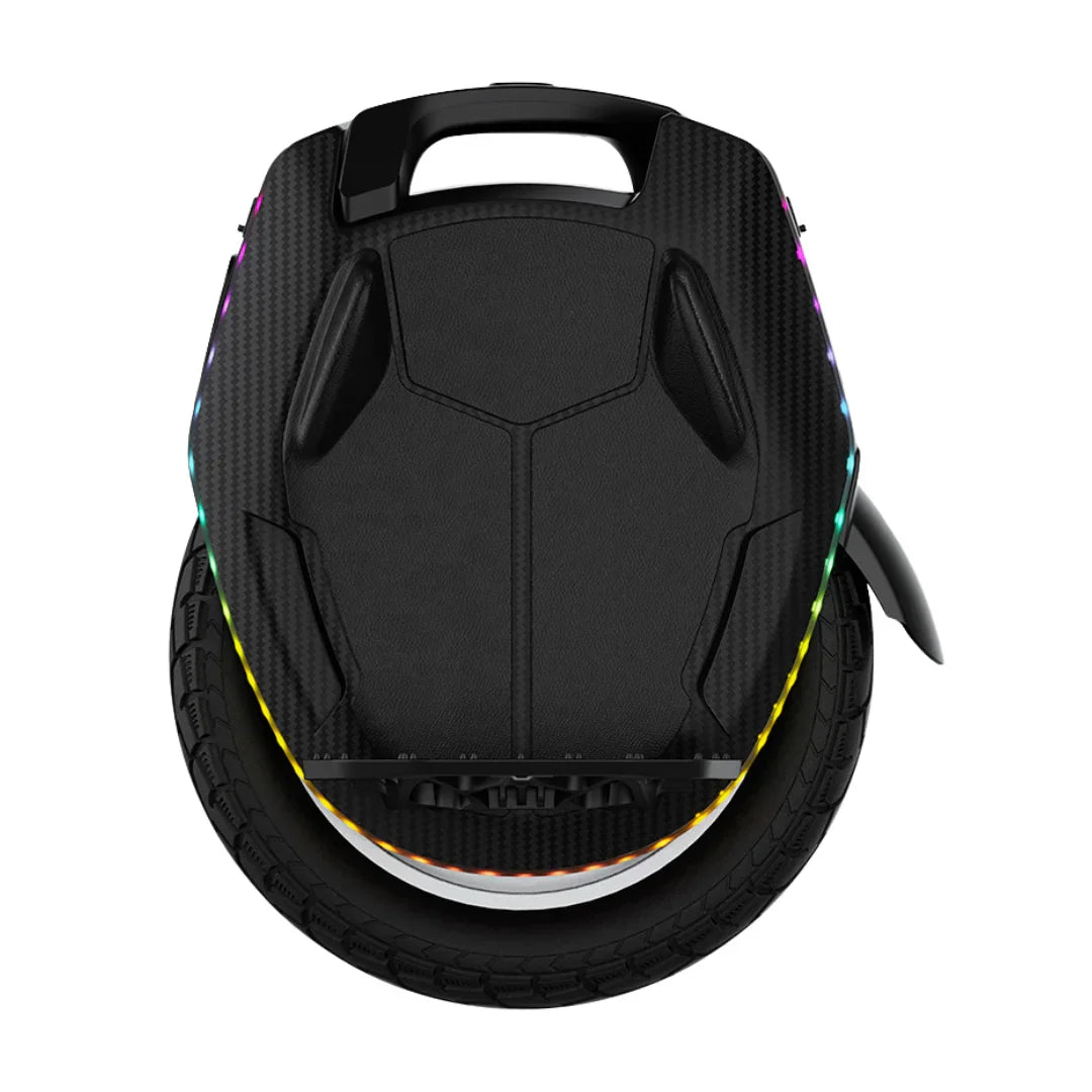 The product in the image is an Electric Unicycle (EUC) from the brand Kingsong, model 16X. The image shows the upper part of the unicycle, which has an ergonomic design and is encased by a wide wheel. A carrying handle is also visible, along with LED lighting along the edge, which adds to its aesthetic appeal and functionality. The surface is made of a material that resembles carbon, giving it a durable and modern design.