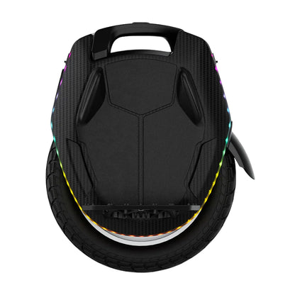The product in the image is an Electric Unicycle (EUC) from the brand Kingsong, model 16X. The image shows the upper part of the unicycle, which has an ergonomic design and is encased by a wide wheel. A carrying handle is also visible, along with LED lighting along the edge, which adds to its aesthetic appeal and functionality. The surface is made of a material that resembles carbon, giving it a durable and modern design.