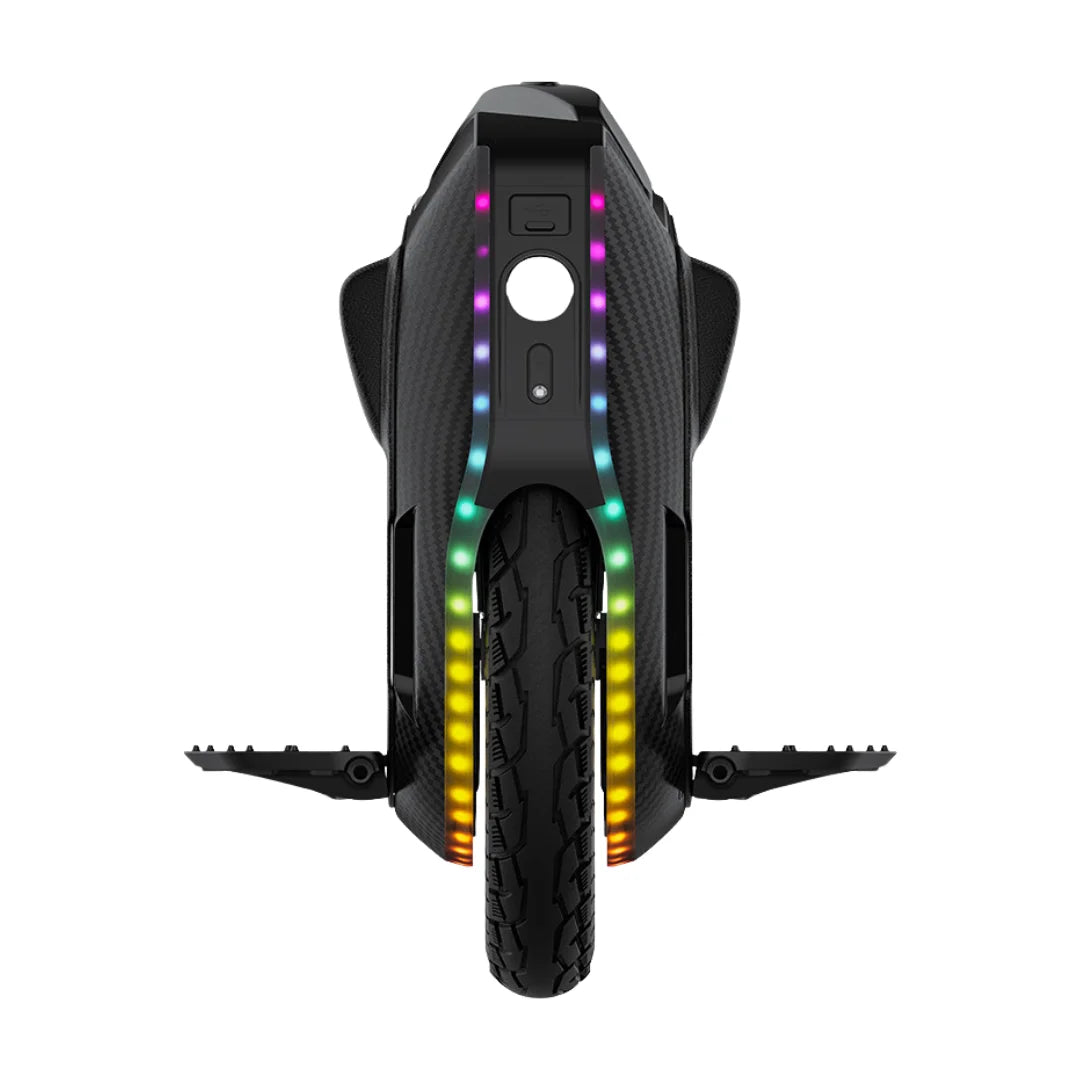 The product is an electric unicycle, brand KingSong, model 16X. The image shows the rear side of the unicycle, which features a modern design with carbon texture. It is equipped with LED lights that extend along the sides, adding to its aesthetics and visibility. The wheel has a wide tire with a prominent tread, allowing for better stability and grip.