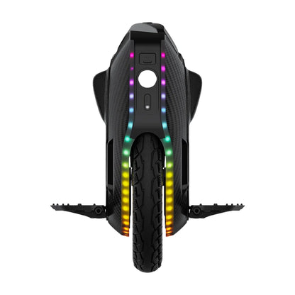 The product is an electric unicycle, brand KingSong, model 16X. The image shows the rear side of the unicycle, which features a modern design with carbon texture. It is equipped with LED lights that extend along the sides, adding to its aesthetics and visibility. The wheel has a wide tire with a prominent tread, allowing for better stability and grip.