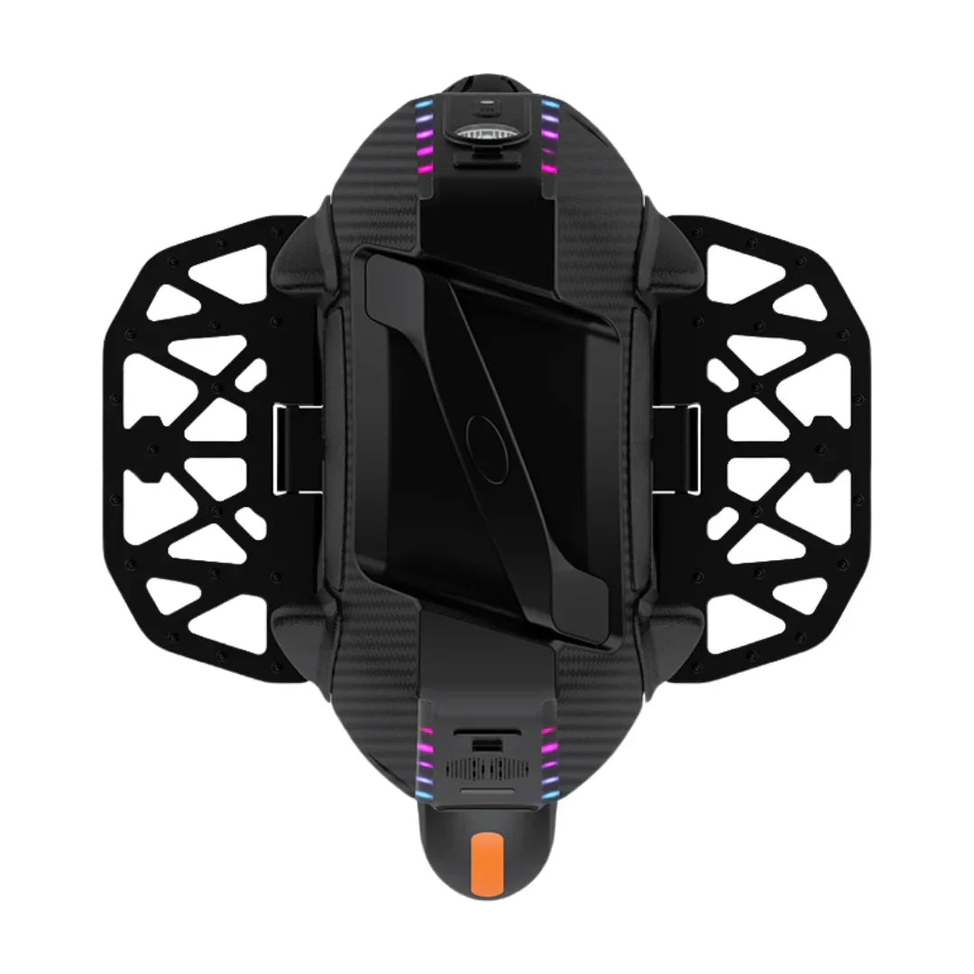 The product is an Electric unicycle (EUC), Kingsong brand, model 16X. The image shows the top side of the unicycle, which has a modern and aerodynamic design. LED lights are visible on the front, providing better visibility, along with a wide platform for comfortable riding. The unicycle also features a robust construction and accessories for easy portability.