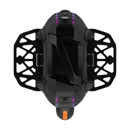 The product is an Electric unicycle (EUC), Kingsong brand, model 16X. The image shows the top side of the unicycle, which has a modern and aerodynamic design. LED lights are visible on the front, providing better visibility, along with a wide platform for comfortable riding. The unicycle also features a robust construction and accessories for easy portability.