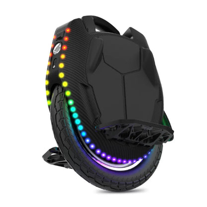 The product is an Electric unicycle, brand KingSong, model 16X. The image shows a unicycle with a modern design, featuring a single wheel rim with a thick rubber tread. It is equipped with LED lights that create a colorful light show around the wheel, giving the device a dynamic and attractive appearance. A handle is located at the top for easy portability.