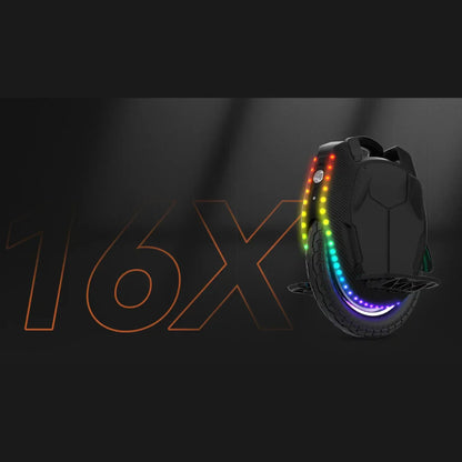 The image shows an Electric Unicycle (EUC) from the brand Kingsong, model 16X. The product features a modern design and is equipped with LED lights that create colorful lighting effects. A large tire is also visible, indicating its performance and stability while riding. The overall design is sleek and attractive, making it appealing to users.