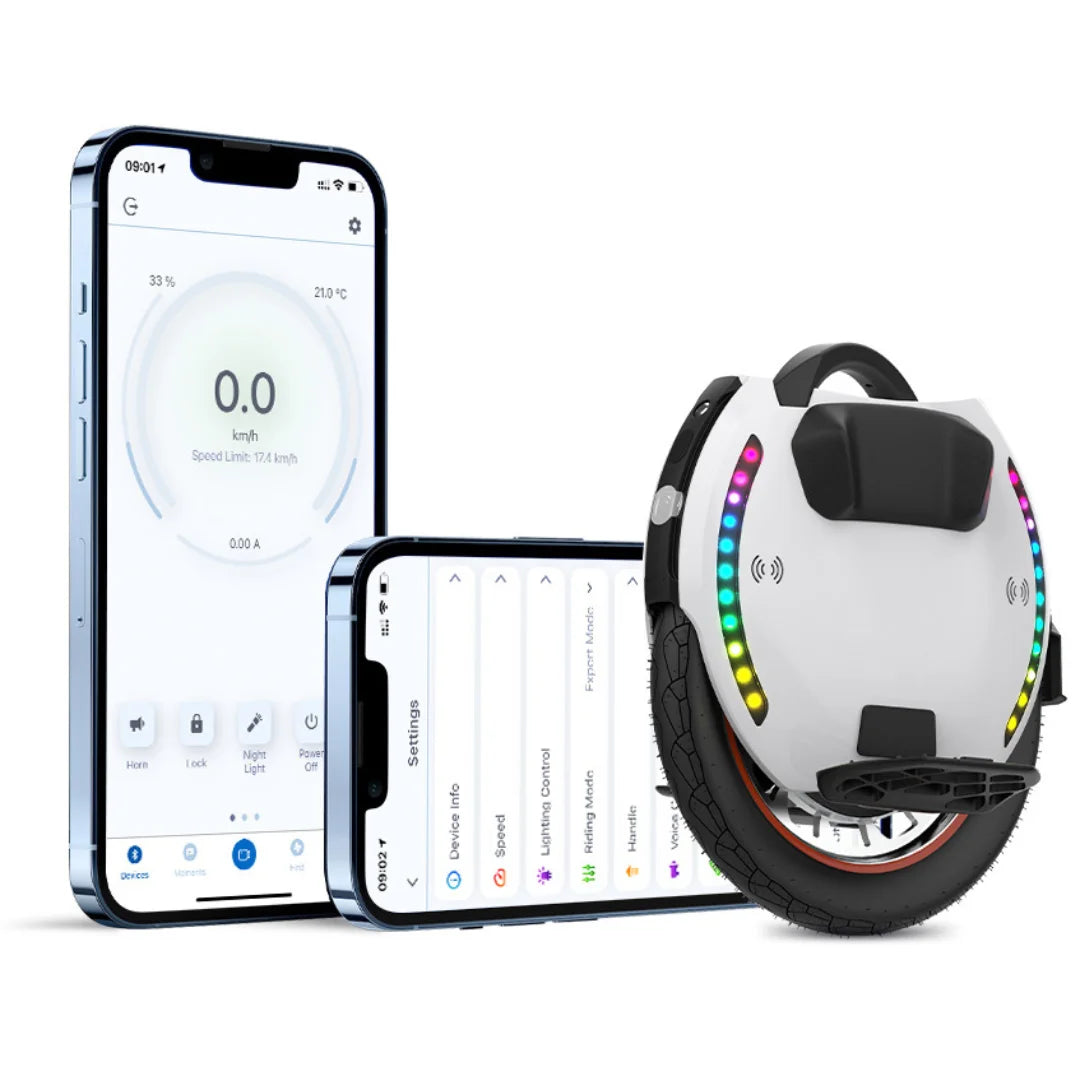 The product in the image is an electric unicycle, brand KingSong, model 18L. The image shows the unicycle with colorful LED lights along the edge and a mobile phone screen displaying the speed and other device settings. The unicycle is designed for easy riding and includes smart connectivity for performance monitoring.