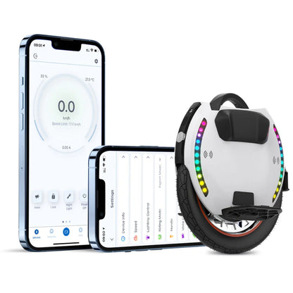 The product in the image is an electric unicycle, brand KingSong, model 18L. The image shows the unicycle with colorful LED lights along the edge and a mobile phone screen displaying the speed and other device settings. The unicycle is designed for easy riding and includes smart connectivity for performance monitoring.