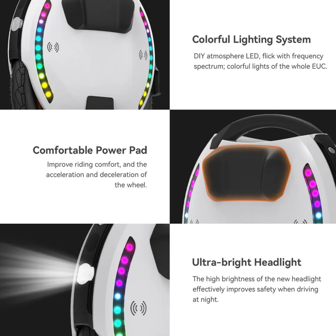 The product is an Electric Unicycle, KingSong brand, model 18L. The image shows various features, including colorful lighting, a comfortable footboard, and a light that improves safety when riding at night. The lighting allows for atmosphere customization, while the comfortable footboard contributes to a better riding experience.