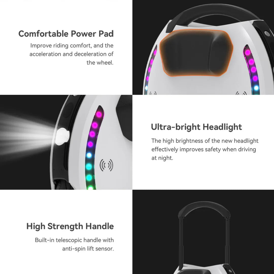 The product in the picture is an electric unicycle, brand KingSong, model 18L. The picture shows various features, including comfortable power, an ultra-bright front light for better visibility at night, and a sturdy handle with a built-in sensor to prevent spinning. The unicycle also has LED lights, which add to its aesthetic appeal and increase safety.