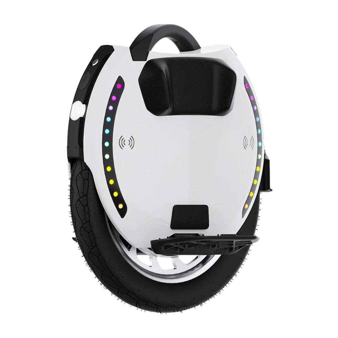 The product is an Electric Unicycle (EUC), brand KingSong, model 18L. The image shows a white device with a large wheel and an ergonomically designed seat. LED lights are also visible along the edge, adding to its aesthetic appeal and functionality. The unicycle has a handle for easy carrying and a rubber tire, ensuring a comfortable ride.