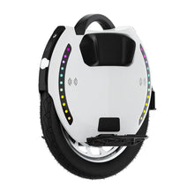 The product is an Electric Unicycle (EUC), brand KingSong, model 18L. The image shows a white device with a large wheel and an ergonomically designed seat. LED lights are also visible along the edge, adding to its aesthetic appeal and functionality. The unicycle has a handle for easy carrying and a rubber tire, ensuring a comfortable ride.
