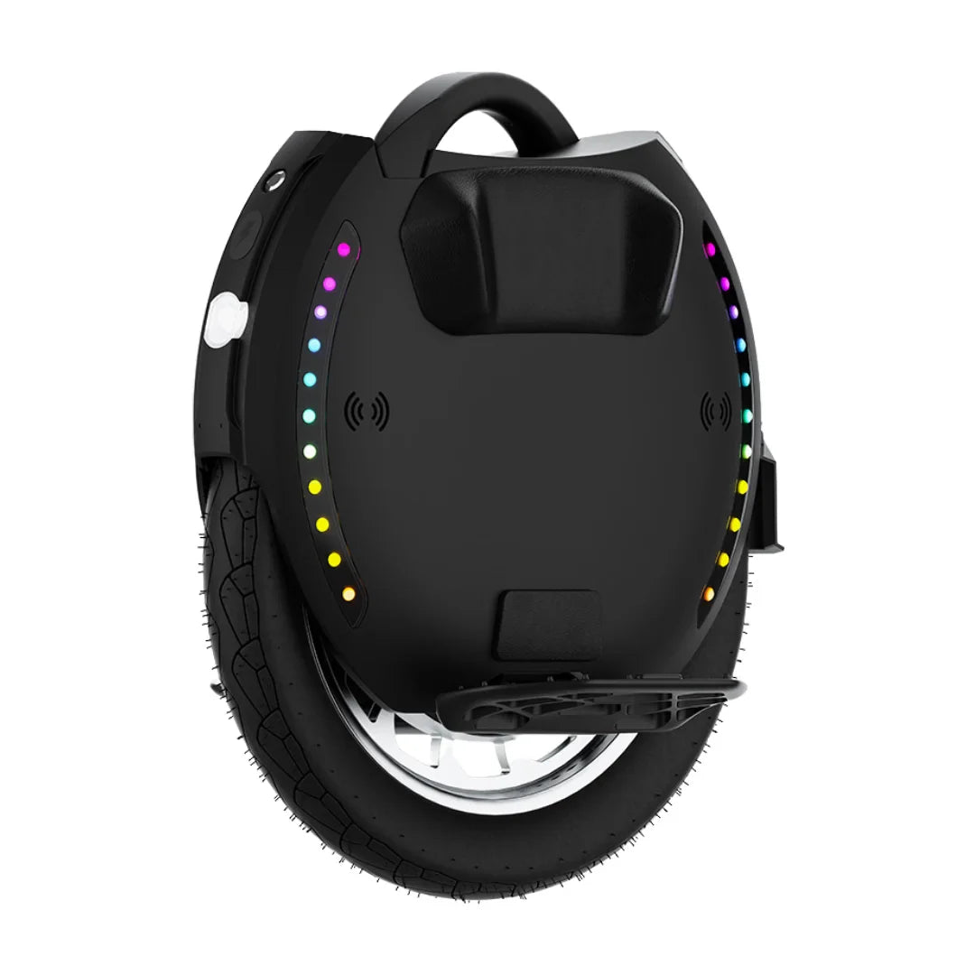 The product pictured is an electric unicycle, model KingSong 18L. The image shows a single-wheeled vehicle with a black design and LED lights along the rim, giving it a modern look. The unicycle is equipped with a comfortable carrying handle and a robust rubber tread, ensuring good grip on various surfaces.