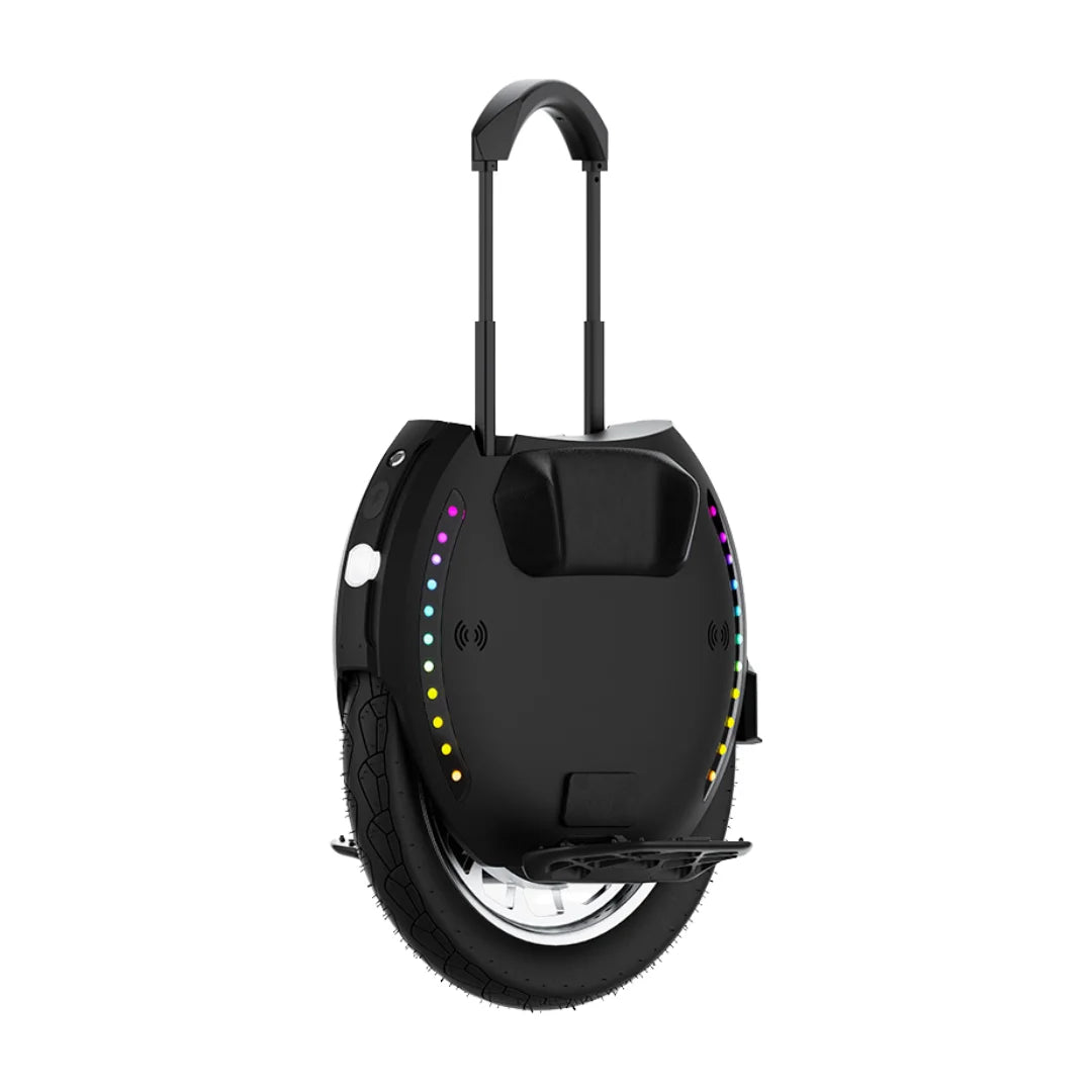 The product is an Electric unicycle, KingSong brand, model 18L. The image shows a unicycle with a modern design, black color, and illuminated elements along the edge. It also features an adjustable handle for easier portability and a wide tire for a comfortable ride.