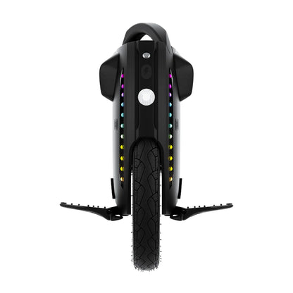 The product is an Electric unicycle, Kingsong brand, model 18L. The image shows the front of the unicycle, which has a single large wheel rim and LED lights on the sides that create colorful effects. Foot pedals are visible at the bottom for stability while riding. The wheels are designed for comfortable and safe riding on various surfaces.