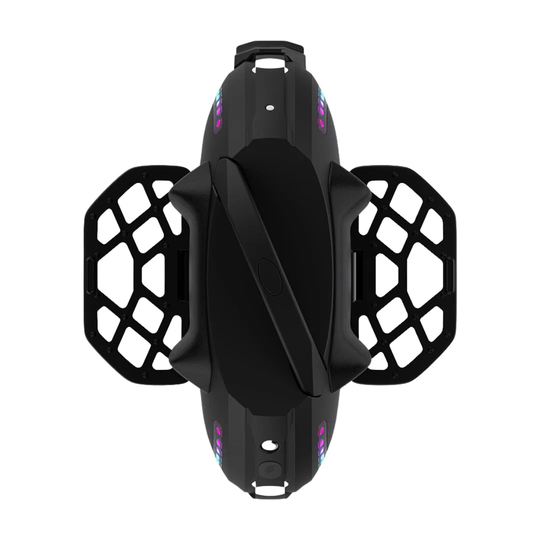 The product is an Electric unicycle, Kingsong brand, model 18L. The image shows the top side of the unicycle, which has an ergonomic design and is equipped with LED lights and protective side handles. The color combination is black, which gives the device a modern look.