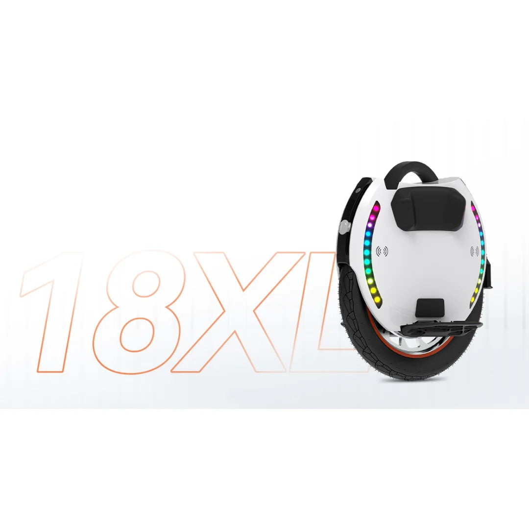 The product shown is an electric unicycle, brand KingSong, model 18XL. The image displays a white electric unicycle with a wide wheel and colorful LED lights around the edge. It also features a carrying handle and foot platforms for comfortable riding.