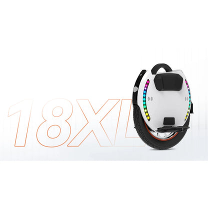 The product shown is an electric unicycle, brand KingSong, model 18XL. The image displays a white electric unicycle with a wide wheel and colorful LED lights around the edge. It also features a carrying handle and foot platforms for comfortable riding.