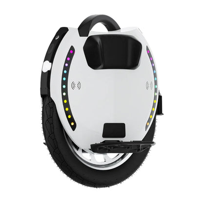 The product pictured is an Electric Unicycle (EUC), brand KingSong, model 18XL. The image shows the unicycle in white with an ergonomically designed seat and a handle for easy carrying. LED lights are visible on the sides, adding to its aesthetic appeal and increasing visibility while riding. The wheels are robust, ensuring stable riding on various surfaces.
