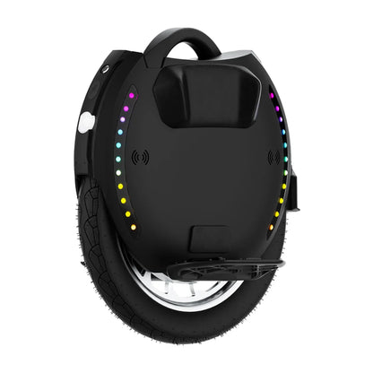 The product is an Electric Unicycle, brand KingSong, model 18XL. The image shows a black single-wheeled device with LED lights along the edge, creating colorful effects. A wide tire and footrests are also visible, ensuring a comfortable ride. There's a carrying handle on the back of the device.