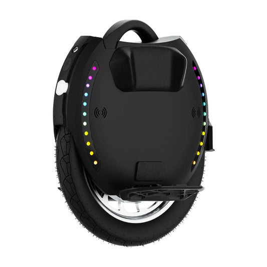 Izdelek je električni unicycle, znamke Kingsong, model 18XL. Na sliki je prikazana črna enokolesna naprava z LED lučkami ob robu, ki dajejo barvne učinke. Vidna je tudi široka pnevmatika in nosilec za stopala, kar omogoča udobno vožnjo. Na zadnji strani naprave je ročaj za prenašanje.
