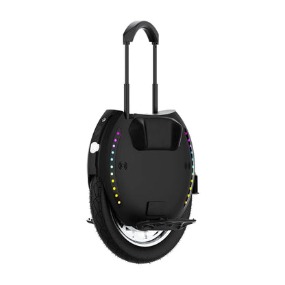The product is an Electric Unicycle, brand KingSong, model 18XL. The image shows a sleek black single-wheel device with multi-colored LED lights on the front. It has a handle on top for easy carrying, and the tire visible at the bottom is suitable for various terrains.