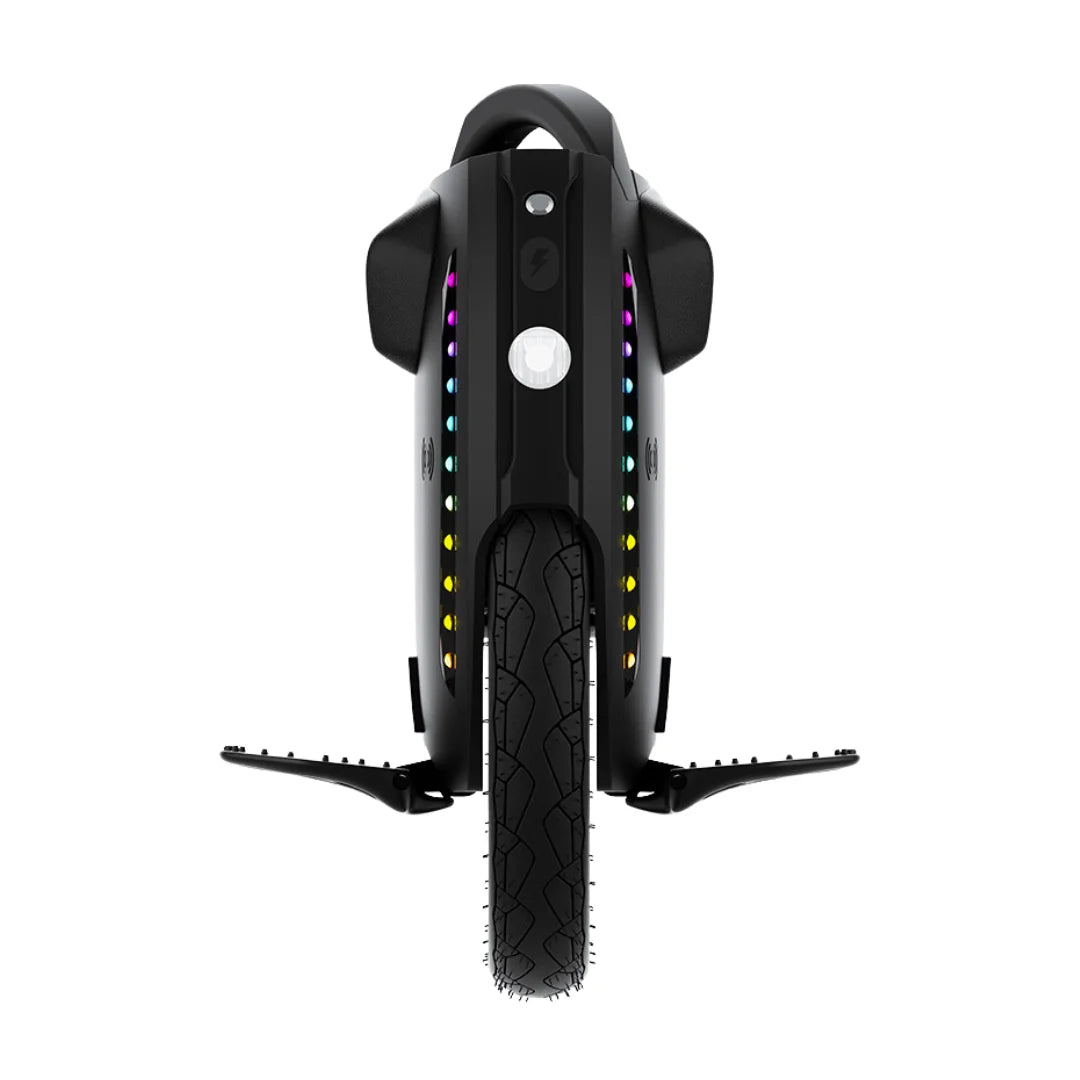 The product is an electric unicycle, brand KingSong, model 18XL. The image shows the front of the unicycle, which has a single large wheel rim surrounded by LED lights in various colors, and footboards on both sides. The wheel has a robust profile and is designed for a comfortable ride.