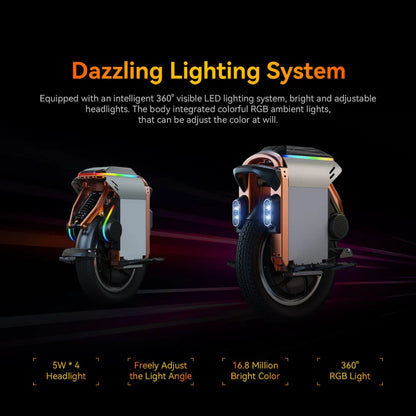 Izdelek na sliki je električni monocikel, model Kingsong S16. Na sliki sta prikazana dva kota monocikla, ki izstopata s svetlobnim sistemom, vključno z močnimi LED žarometi in barvnimi RGB ambientnimi lučmi. Monocikel je zasnovan za prilagodljivo osvetlitev in estetski videz, kar omogoča prilagajanje barv svetlobe.