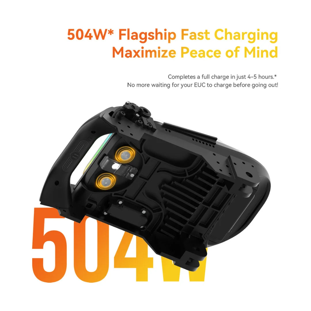 The product shown is an Electric unicycle (EUC), brand KingSong, model S19. The image displays the interior of the unicycle, including the battery, which has a capacity of 504W and allows for fast charging in 4-5 hours. Light indicators and the device's structure are also visible, indicating its advanced technology.
