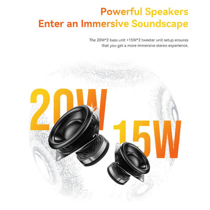 The image shows audio equipment, including speakers with 20W and 15W power output. The product is designed to provide an enhanced stereo experience. In the background, numbers indicate the power of the speakers. The speakers are designed to create a rich and immersive sound environment.