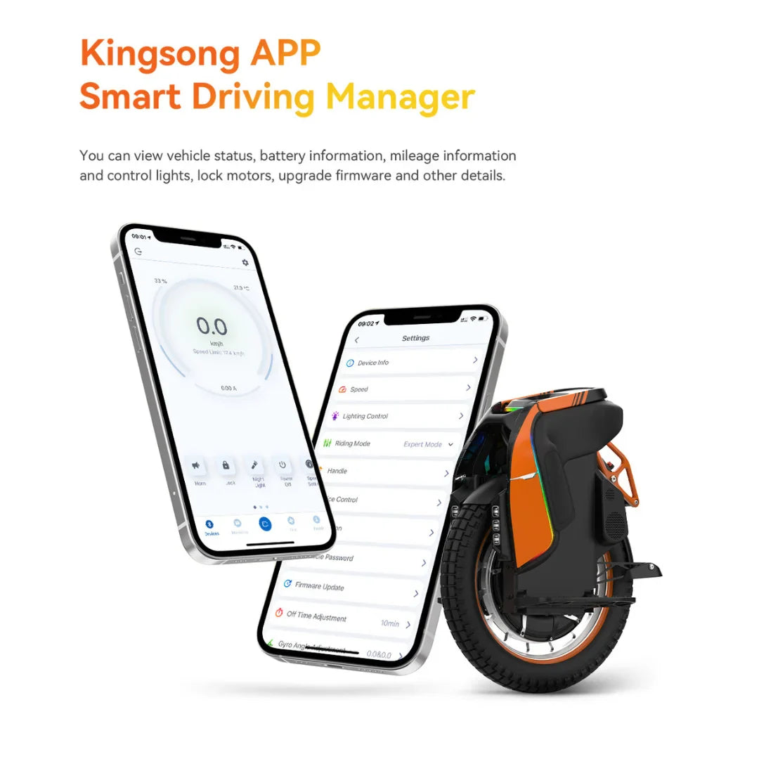 The product is an Electric Unicycle, brand KingSong, model S19. The image shows the unicycle in a black and orange color combination, next to two smartphones displaying the KingSong app for vehicle management. The app allows you to review the vehicle's status, battery information, kilometers traveled, and adjust various functions.