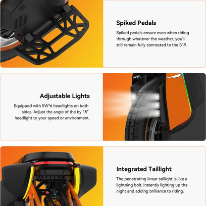 The product is an Electric unicycle (EUC), brand KingSong, model S19. The image displays various elements of the unicycle, including adjustable lights that allow for beam angle customization, and an integrated taillight that improves visibility at night. Pedals with pins are also visible, ensuring good grip during rides.
