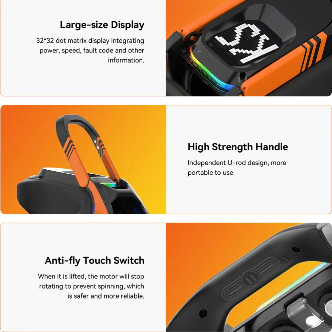 The product is an Electric Unicycle (EUC), brand Kingsong, model S19. The image shows a large display that provides information on power, speed, and errors. Also visible is a handle with a robust U-shaped design for easier carrying, and a safety switch that prevents the motor from spinning when the handle is lifted.