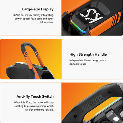 The product is an Electric Unicycle (EUC), brand Kingsong, model S19. The image shows a large display that provides information on power, speed, and errors. Also visible is a handle with a robust U-shaped design for easier carrying, and a safety switch that prevents the motor from spinning when the handle is lifted.