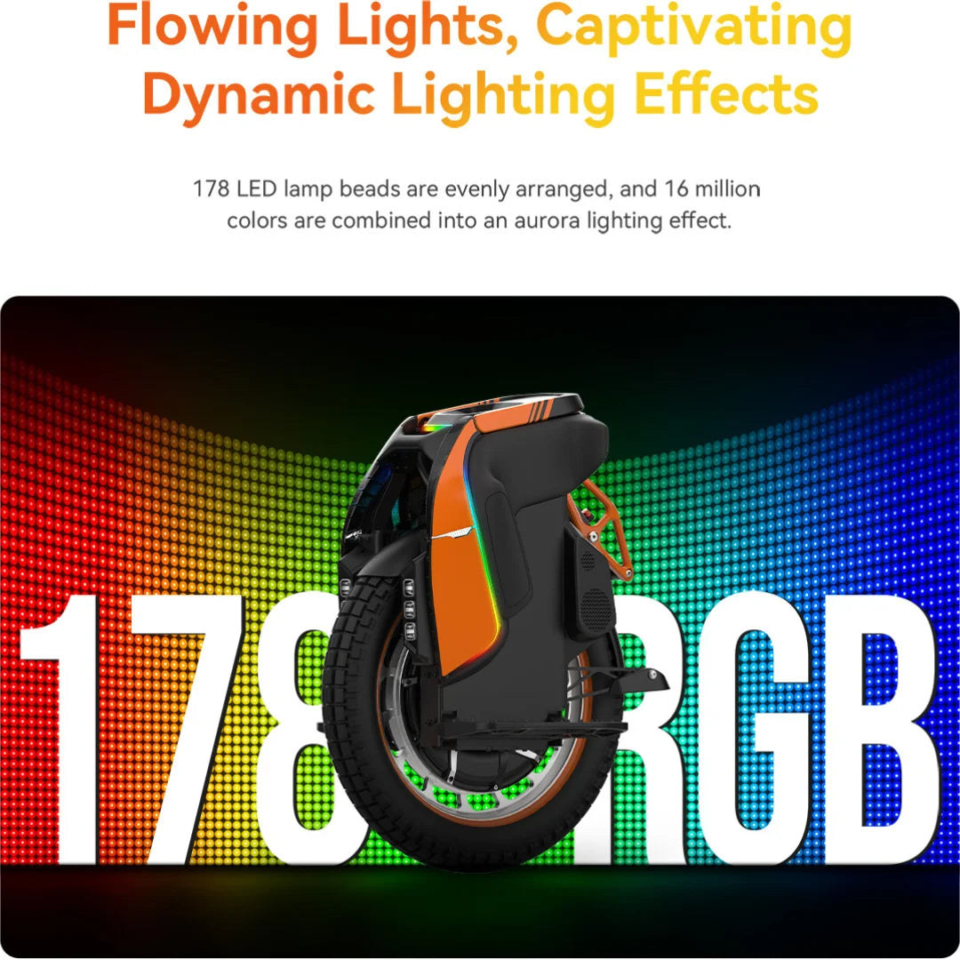 The product pictured is an Electric Unicycle, model Kingsong S19. The image shows the unicycle in a black and orange color scheme, featuring dynamic lighting effects with 178 LEDs, creating an attractive aura of light play. The large number "178 RGB" is also visible, indicating the number of color options offered by this model.