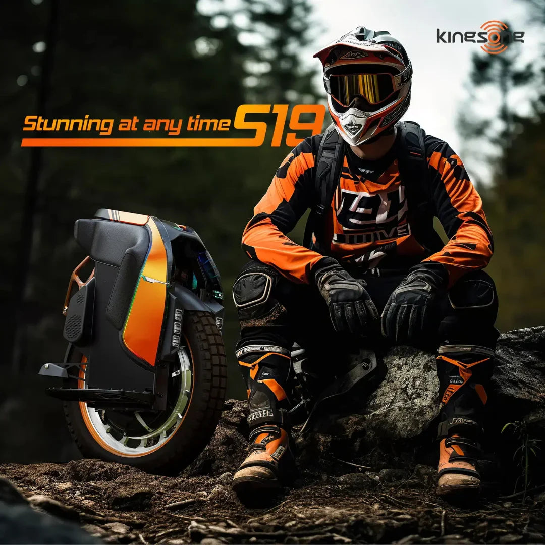 The image shows an Electric unicycle, model KingSong S19. A person in protective gear is visible, sitting next to the unicycle, which features a modern design with colorful details. The gear includes a helmet and protective clothing, suggesting use in an off-road environment. The unicycle is placed on natural terrain, emphasizing its capability in various conditions.