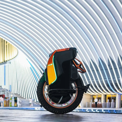 The product pictured is an Electric Unicycle (EUC), brand Kingsong, model S19. The image shows a side view of the unicycle, which features a robust wheel and bright LED lights in various colors. The background is modern, with wavy light elements, giving the overall image a dynamic and futuristic look.