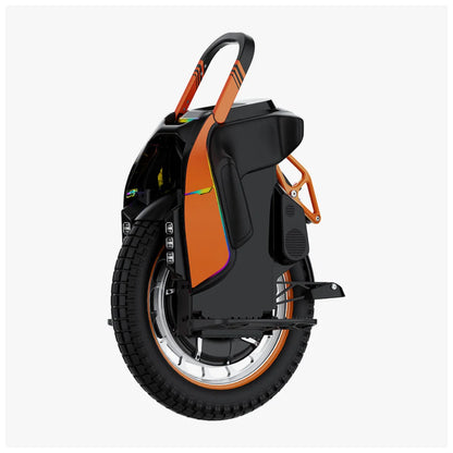 The product pictured is an electric unicycle, brand KingSong, model S19. The image shows the rear of the unicycle, which features a robust wheel with a thick tread, an ergonomically designed body in black and orange, and a handle for easy portability. Lights and a speaker are also visible, indicating additional functionalities.